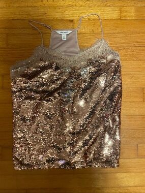 Nine West Rose Gold Sequin Lace-Trim Cami Top